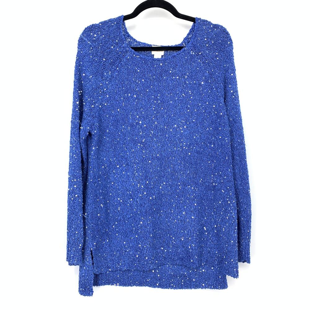 Chicos Sweater Womens Sz 2 US L Blue Sequin Knit Long Sleeve Pullover Sparkle